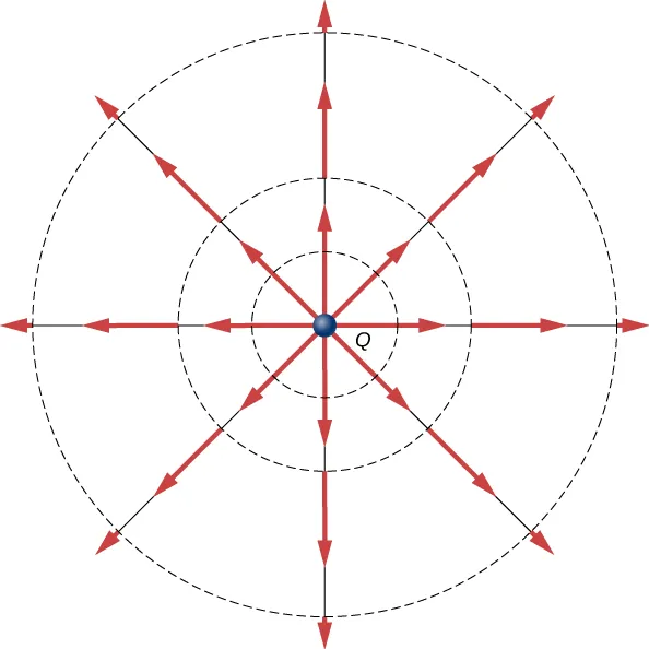Rysunek przedstawia ładunek Q i wychodzące radialnie z Q wektory pola elektrycznego. 