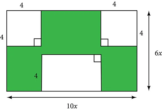 A large rectangle with smaller squares and a rectangle inside. The length of the outer rectangle is 6x and the width is 10x. The side length of the squares is 4 and the height of the width of the inner rectangle is 4.
