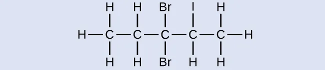 Esta figura muestra un átomo de C enlazado a tres átomos de H y a otro átomo de C. Este segundo átomo de C está enlazado a dos átomos de H y a un tercer átomo de C. El tercer átomo de C está enlazado a dos átomos de B r y a un cuarto átomo de C. Este átomo de C está enlazado a un átomo de H, a un átomo de I y a un quinto átomo de C. Este último átomo de C está enlazado a tres átomos de H.