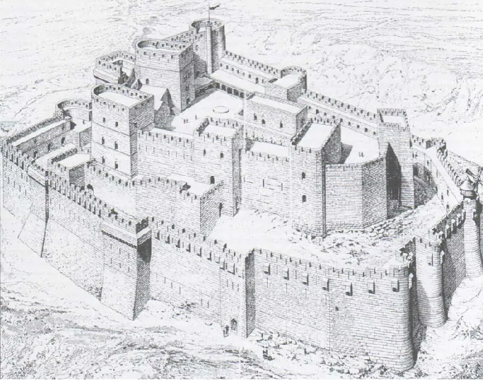 A drawing of a rectangle shaped tall stone fortress is shown. The outside wall displays square and round columns, small openings in the walls and notches along the top. Inside the fortress, another stone building is shown more to the left side, with some rocky land shown in the bottom right. The structure is multi-tiered with square and rectangle sections, some lower and some higher, with sparse openings and few doorways. The roofs are flat and notches line the tops of all the walls. A long flag flies at the tallest tower top. The land outside the fortress is barren and rocky.