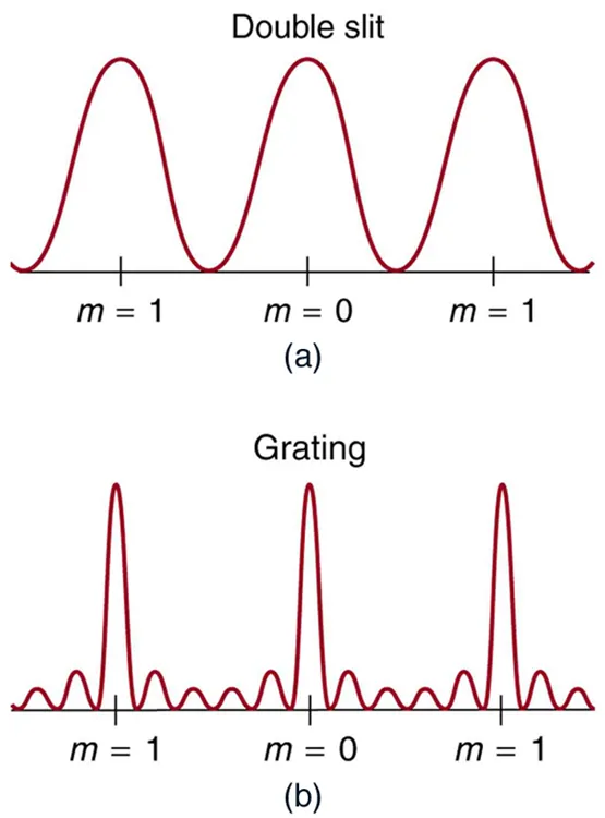 The upper graph, which is labeled double slit, shows a smooth curve similar to a sine curve that is shifted up so that its minimum value is zero. Three peaks are shown: the middle peak is labeled m equals zero and the left and right peaks are labeled m equals one. The lower graph, which is labeled grating, is aligned under the upper graph and also shows three peaks, with each peak aligned directly underneath the peaks in the upper graph. These three peaks are also labeled m equals zero or one, as in the upper graph. However, the peaks in the lower graph are much narrower and there are lots of small peaks appearing between large peaks.