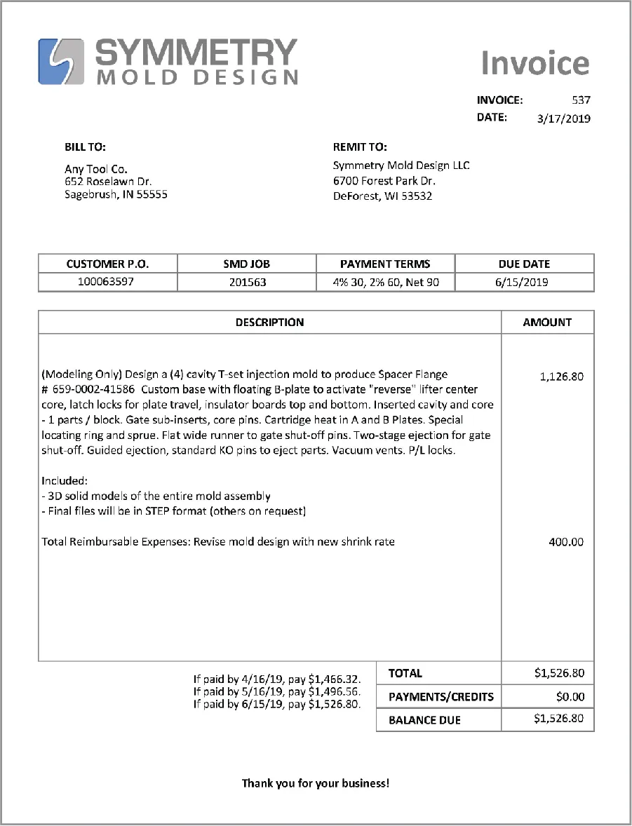 An example of an Invoice sent to a customer for items the customer purchased.