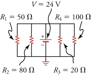 The figure shows a circuit with five vertical branches connected at the top and bottom. The bottom is also connected to ground. From left to right, the branch elements are 50-ohm R 1, 80-ohm R 2, 24-volt voltage source, 20-ohm R 3, and 100-ohm R 4, respectively.