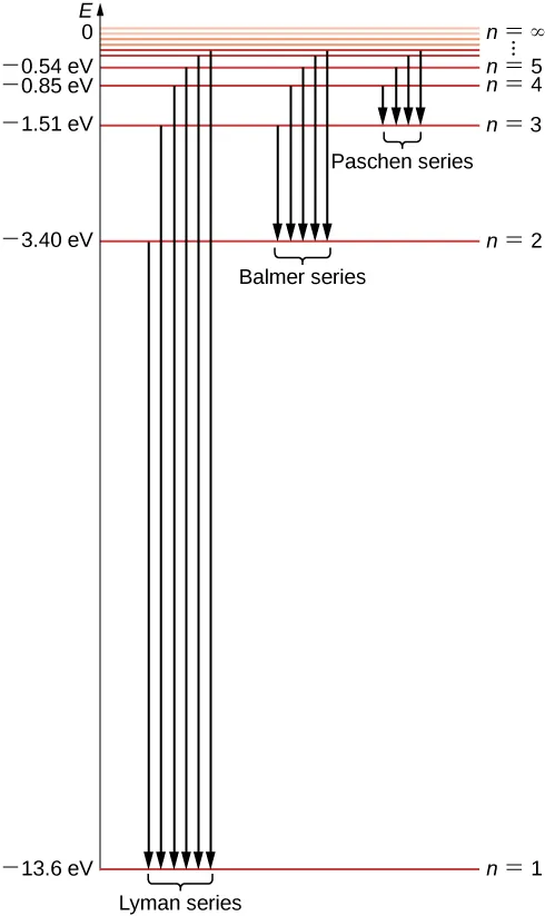 Figure shows the energy spectrum of the hydrogen atom. The Y axis represents the energy expressed in eV. Horizontal lines represent the bound states of an electron in the level. There is only one ground state, marked as n = 1 at -13.6 eV and infinite number of quantized excited states. The states are enumerated by the quantum numbers n = 1, 2, 3, 4 and their density increases when approaching 0 eV. The Lyman series transitions to n = 1, the Balmer series transitions to n = 2 at -3.4 eV, and the Patchen series transitions to n = -3 at -1.51 eV. The series are indicated with downward arrows.