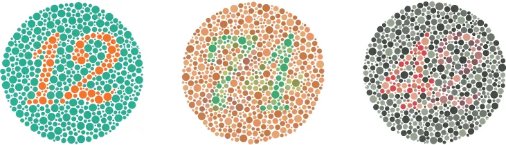 The figure includes three large circles that are made up of smaller circles of varying shades and sizes. Inside each large circle is a number that is made visible only by its different color. The first circle has an orange number 12 in a background of green. The second color has a green number 74 in a background of orange. The third circle has a red and brown number 42 in a background of black and gray.