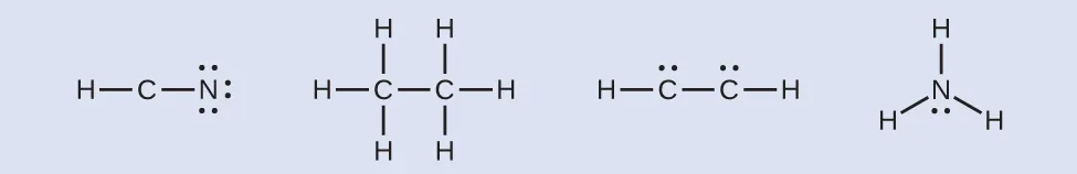 Se muestran cuatro estructuras de Lewis. La primera estructura muestra un átomo de carbono unido con enlace simple a un átomo de hidrógeno y a un átomo de nitrógeno, que tiene tres pares solitarios de electrones. La segunda estructura muestra dos átomos de carbono unidos con enlace simple. Cada uno de ellos tiene un enlace simple con tres átomos de hidrógeno. La tercera estructura muestra dos átomos de carbono, cada uno con un par solitario de electrones, con enlace simple entre sí y cada uno unido a un átomo de hidrógeno. La cuarta estructura muestra un átomo de nitrógeno con un par solitario de electrones con enlace simple a tres átomos de hidrógeno.