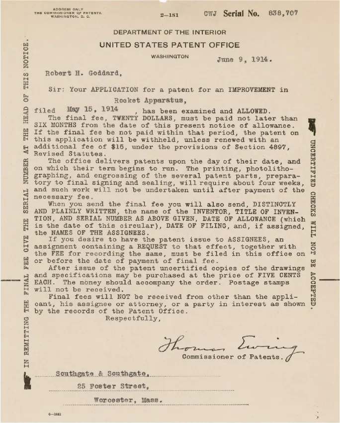 An image of an approved patent letter.  The beginning reads "Your application for improvement in Rocket Apparatus dated May 15, 1914 has been examined and allowed."