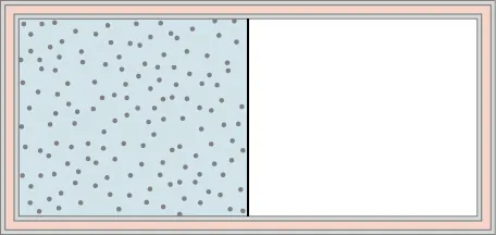 The figure is an illustration of a container with a partition in the middle dividing it into two chambers.  The outer walls are insulated. The chamber on the left is full of gas, indicated by blue shading and many small dots representing the gas molecules. The right chamber is empty.
