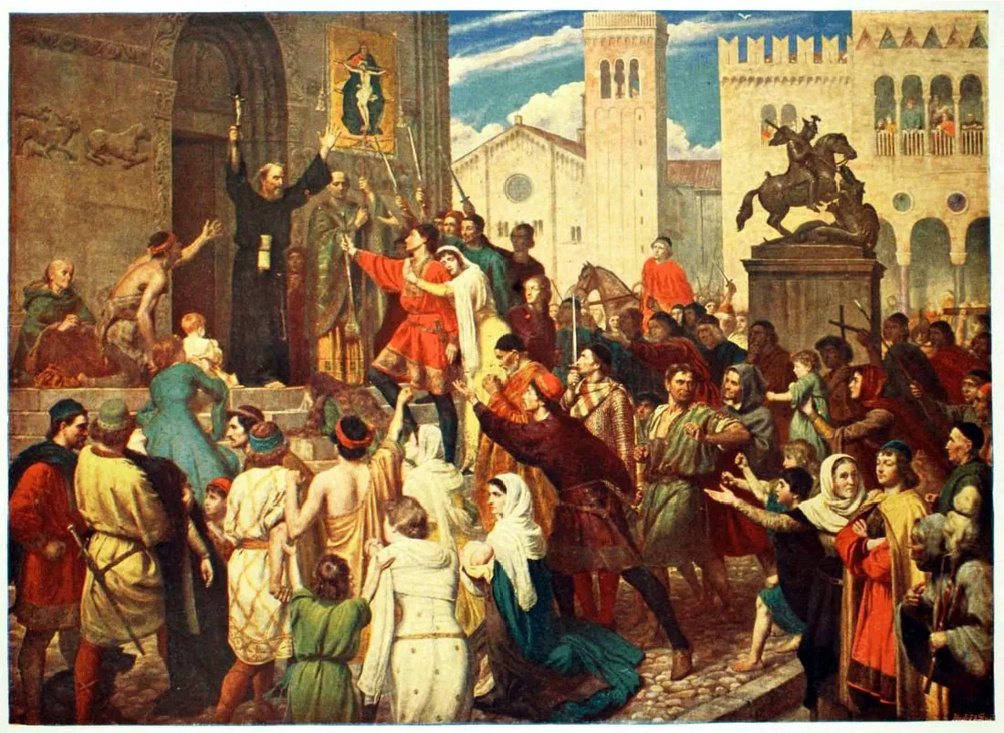 An image of a painting is shown. In the image a man in long black robes, long, brown hair and beard holding a cross in his raised arms is standing on the top step of a stone building. An image of a man in a loincloth on a cross hangs to his left on the ornately decorated building. A mass of people surrounds him down the steps and out onto the cobbled stone street. The people are dressed in varying styles of colorful robes, from simple cloths to richly decorated outfits. Some wear hoods, head coverings, or headbands. They range in age from babies in their mothers arms to the aged. Many have their arms raised to the man at the top of the steps and some wield swords in their raised arms. One man sits in a red robe and black hat on horseback toward the back of the crowd. Next to him is a bronze colored tall pedestal with a statue of a rider in a warrior outfit with a helmet and spear sitting on a horse with its two front legs raised over a serpent with its teeth bared. In the background of the painting, tall beige buildings can be seen with windows and archways in front of a blue sky with white clouds. People can be seen looking through the arched balconies.