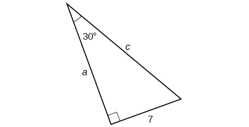 A right triangle with sides a, c, and 7. Angle of 30 degrees is also labeled.
