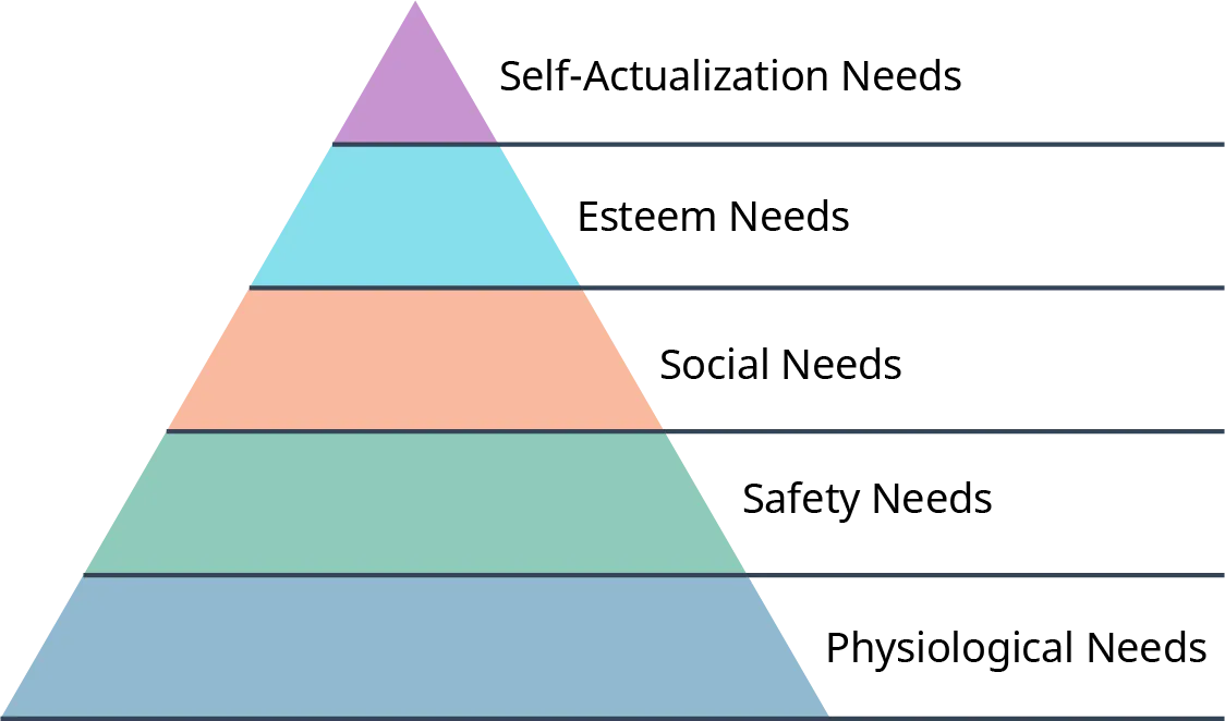 A pyramid shows Maslow’s Hierarchy of Needs. Starting with the most basic at the bottom and moving up to the point of the pyramid, those needs are: physiological needs, safety needs, social needs, esteem needs, and self-actualization needs.