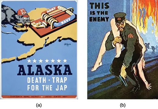 Poster (a) depicts a mouse, heavily caricatured to appear Japanese, crawling toward a mousetrap that sits atop a land mass shaped like Alaska. The trap is labeled “Army / Civilian / Navy,” and the text beneath reads “Alaska / Death-Trap for the Jap.” Poster (b) depicts a heavily caricatured Japanese military official with a nude White woman thrown helplessly over one shoulder; a massive fire rages in the background, where hanging bodies are also visible. The text reads “This is the Enemy.”