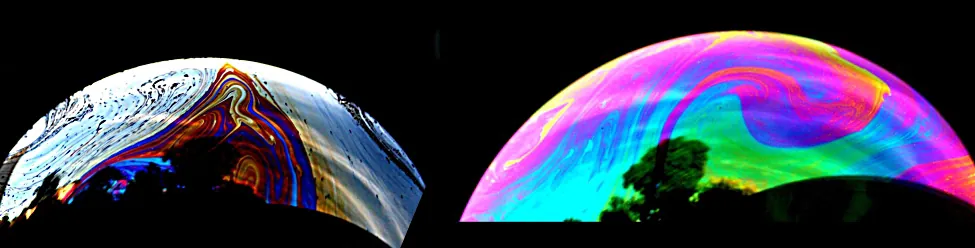 Se muestra una fotografía de dos burbujas. Las burbujas tienen colores vivos que van del rosa al azul oscuro y varían en la superficie.