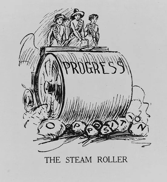 A caricature shows four women riding a steam roller labeled “progress” as it crushes stones that spell out “opposition.”