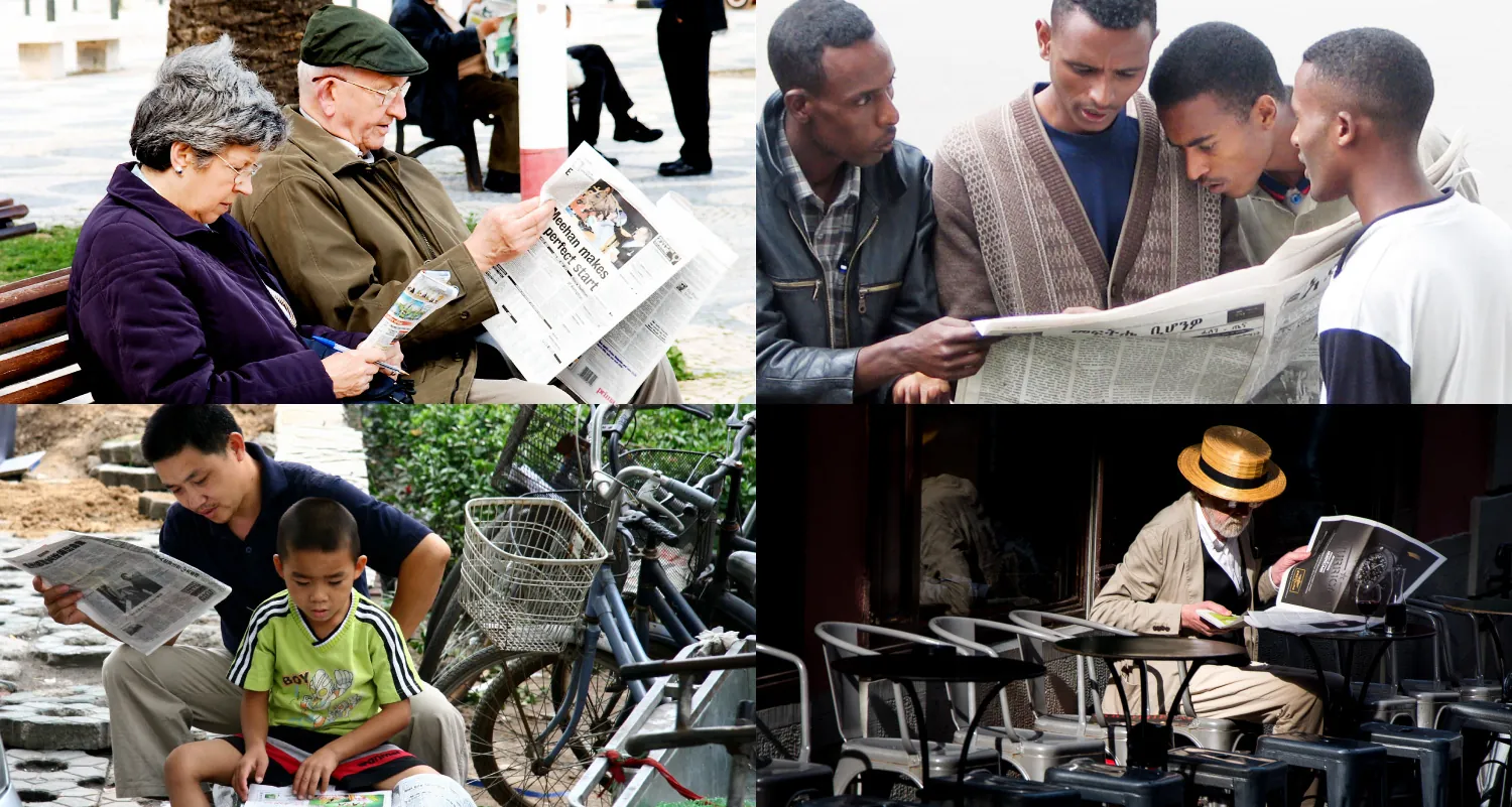 Top Left: A mature man and woman sitting together on a park bench, each reading a newspaper; Top Right: A group of four young Ethiopian men standing in a cluster and reading a newspaper together; Bottom Left: An Asian man sitting with his young son, each reading a newspaper; Bottom Right: A formally dressed older man sitting alone and reading a newspaper.