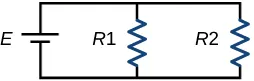 A circuit with nothing on the top or bottom, but a battery marked E on the left, a resistor marked R1 in the middle, and a resistor marked R2 on the right.