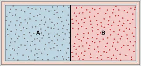 Rysunek przedstawia zbiornik ze ścianą dzielącą go na dwie równe komory. Ściany zbiornika są izolowane. Komora po lewej, oznaczona jako A, jest wypełniona gazem, na co wskazuje niebieski odcień oraz dużo małych kropek, reprezentujących cząsteczki gazu. Komora po prawej, oznaczona jako B, jest wypełniona gazem, na co wskazuje czerwony odcień oraz dużo małych kropek, reprezentujących cząsteczki gazu.