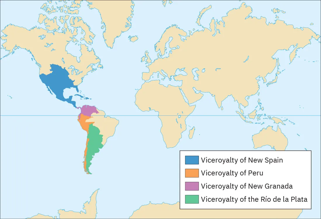 A map of the world is shown. Central America, including Caribbean Islands, and most of present-day United States is shaded blue, representing Viceroyalty of New Spain. Most of the western coast of South America is shaded orange, representing Viceroyalty of Peru. The northern part of South America extending into Panama is shaded pink, representing Viceroyalty of new Granada. The southern part of South America, except the western coast, is shaded green, representing Viceroyalty of the Rio de la Plata.