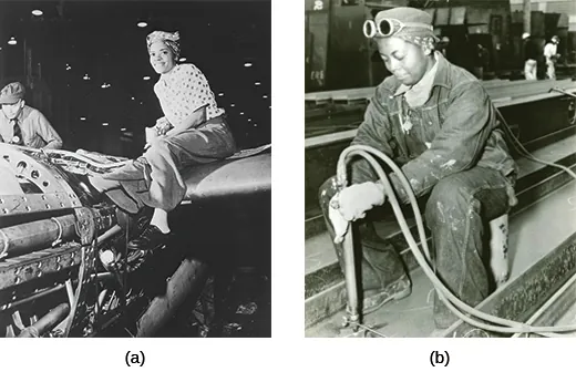 Photograph (a) shows an African American woman posing on the wing of the aircraft on which she is working. Photograph (b) shows an African American woman doing mechanical work in a shipyard.