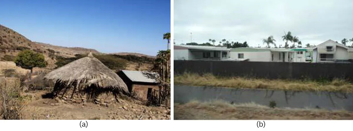 Figure (a) shows a grass hut. Figure (b) is of a mobile home park.