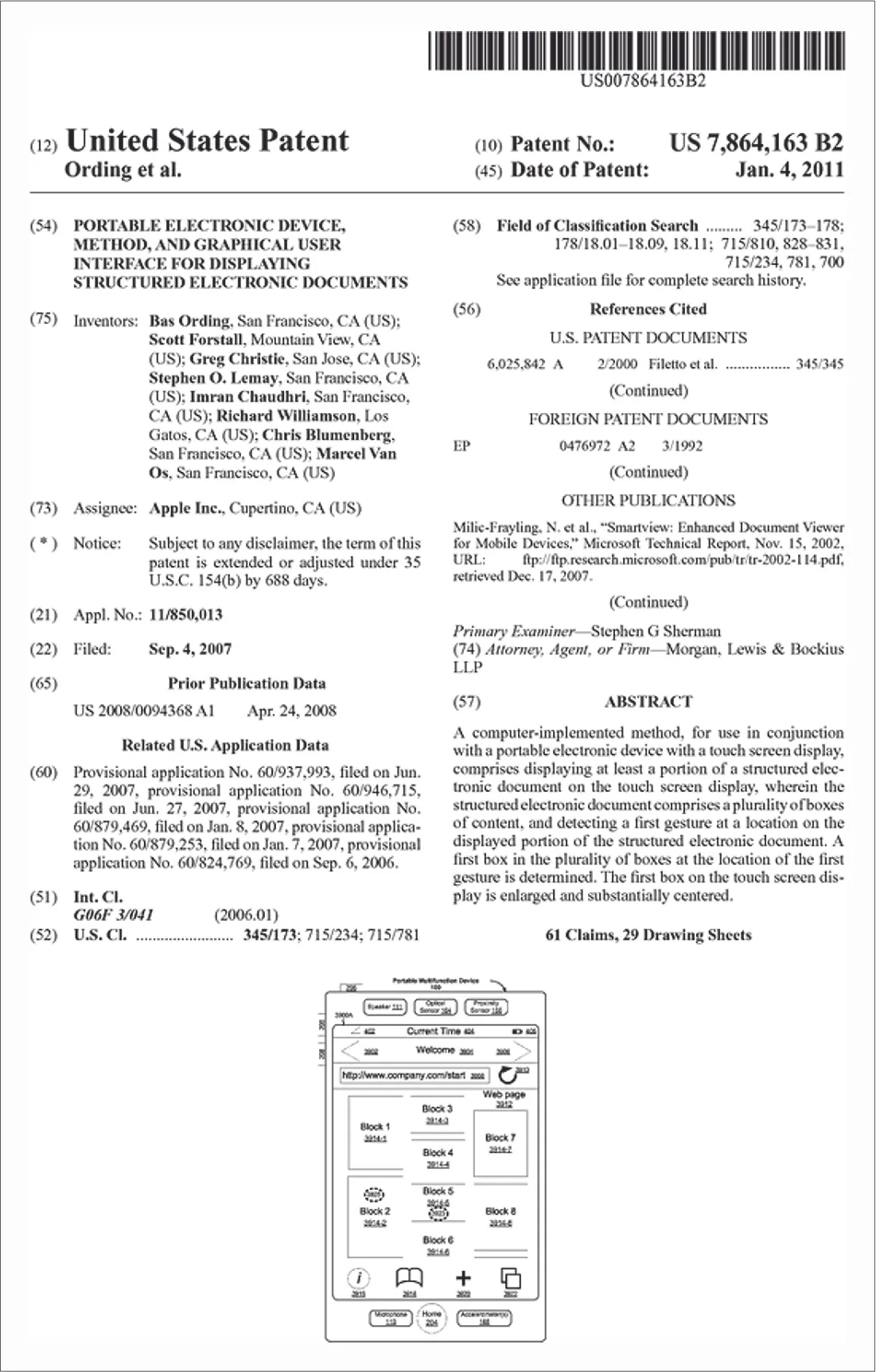 Patent awarded to Apple for its portable electronic device, method, and graphical user interface for displaying structured electronic documents.