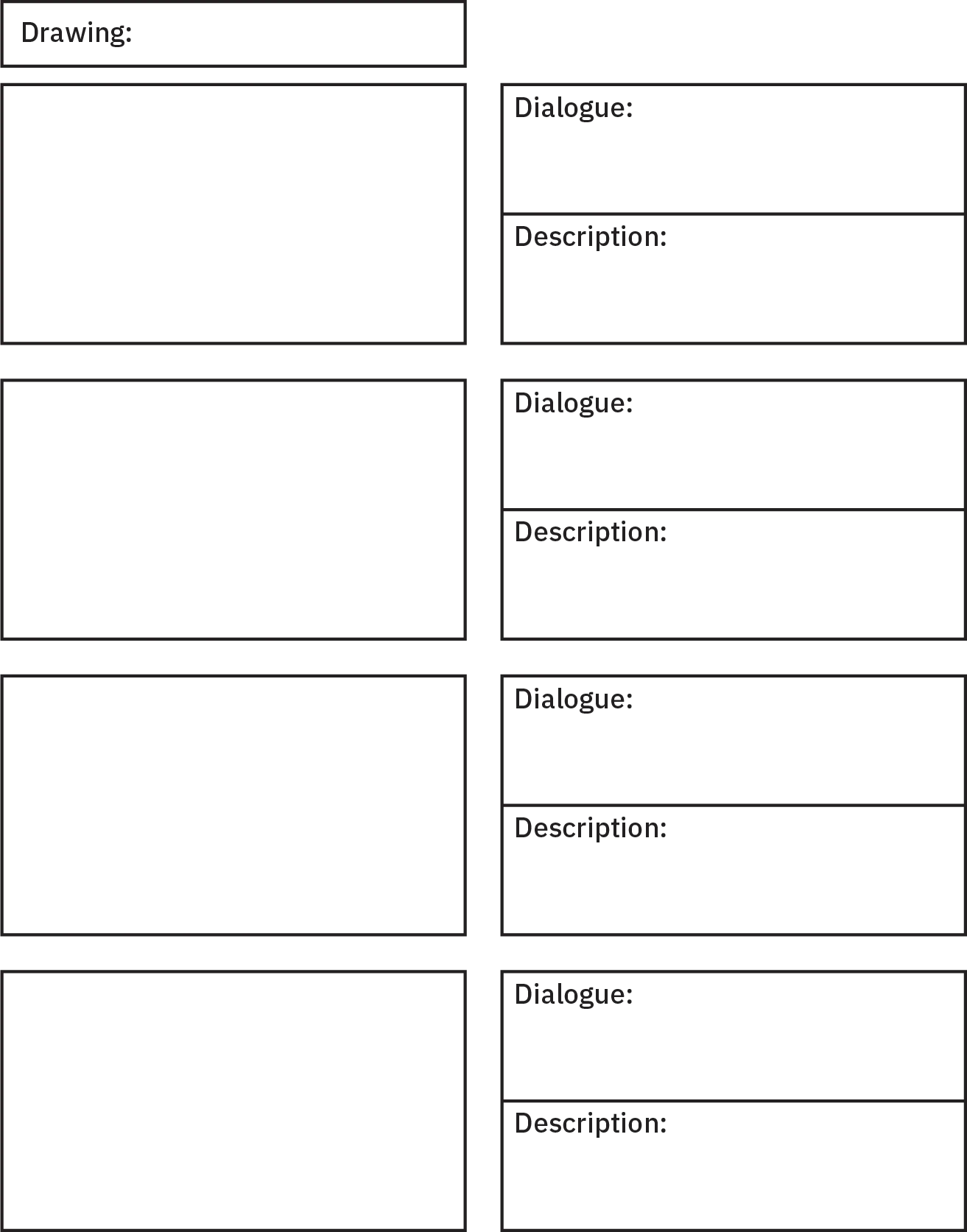 Graphic organizer used to draw story images in four left-side boxes and then fill in accompanying dialogue and description in eight right-side boxes, two per drawing.