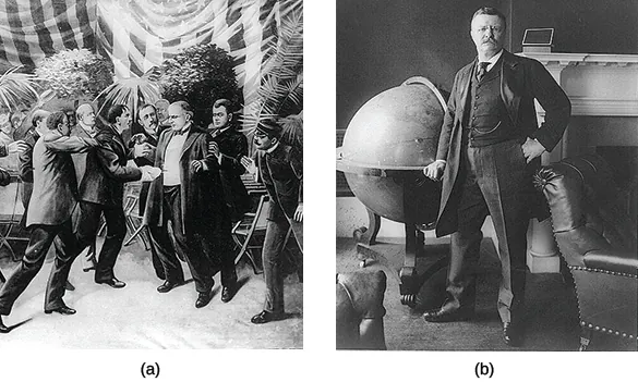 Drawing (a) depicts William McKinley's assassination. Photograph (b) is a portrait of Theodore Roosevelt.