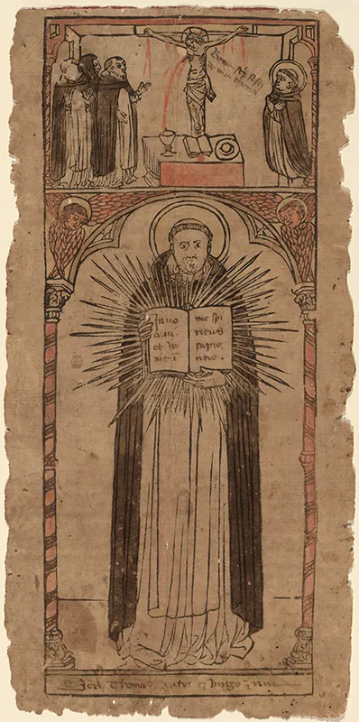 A faded woodcut with worn edged, colored in black and red, shows a robed figure, its head surrounded by a halo, holding a brightly glowing book open to the viewer. An image of robed figures attending Christ's crucifixion, including the haloed figure, appears at the top of the woodcut.