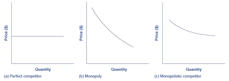 The three graphs show (a) a horizontal straight line to represent a perfectly competitive firm; (b) a downward sloping curve to represent a monopoly; and (c) a gradually downward sloping, highly elastic curve to represent a monopolistically competitive firm.