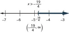 This figure shows the inequality x is greater than negative 19/4. Below this inequality is a number line ranging from negative 7 to negative 3, with tick marks for each integer. The inequality x is greater than negative 19/4 is graphed on the number line, with an open parenthesis at x equals negative 19/4 (written in), and a dark line extending to the right of the parenthesis. The inequality is also written in interval notation as parenthesis, negative 19/4 comma infinity, parenthesis.