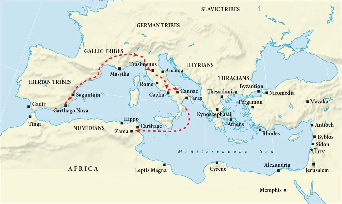 A map of the Mediterranean Sea is shown and the land surrounding it. Africa is labeled to the south. In Europe, from east to west, areas are labeled: “Iberian Tribes” over Portugal and Spain, “Gallic Tribes” over France, “German Tribes” over Germany, and “Slavic Tribes” in eastern Europe. The land east of Italy is labeled “Illyrians” and southeast from there the land is labeled “Thracians.” A coastal area in northeastern Africa is labeled “Numidians.” A thick red dashed arrow runs from Carthago Nova in the south of Spain, heading north along the coast through Saguntum, in an arc north of Massilia in France, then southeast to Trasimenus in Italy, south past Ancona and Rome, hitting Capila and then ending at Cannae. The arrow picks up again in the south of Italy heading south of Sicily across the Mediterranean Sea past Carthage and to Zama in Africa. Other cities labeled on the map from east heading around the Mediterranean include: Gadir, Taras, Kynoskephalal, Athens, Thessalonica, Byzantion, Nicomedia, Pergamon, Mazaka, Rhodes, Antioch, Byblos, Sidon, Tyre, Jerusalem, Alexandria, Memphis, Cyrene, Leptis Magna, Hippo and Tingi.