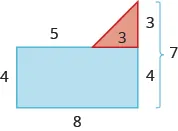 A geometric shape is shown. It is a blue rectangle with a red triangle attached to the top on the right side. The left side is labeled 4, the top 5, the bottom 8, the right side 7. The right side of the rectangle is labeled 4. The right side and bottom of the triangle are labeled 3.