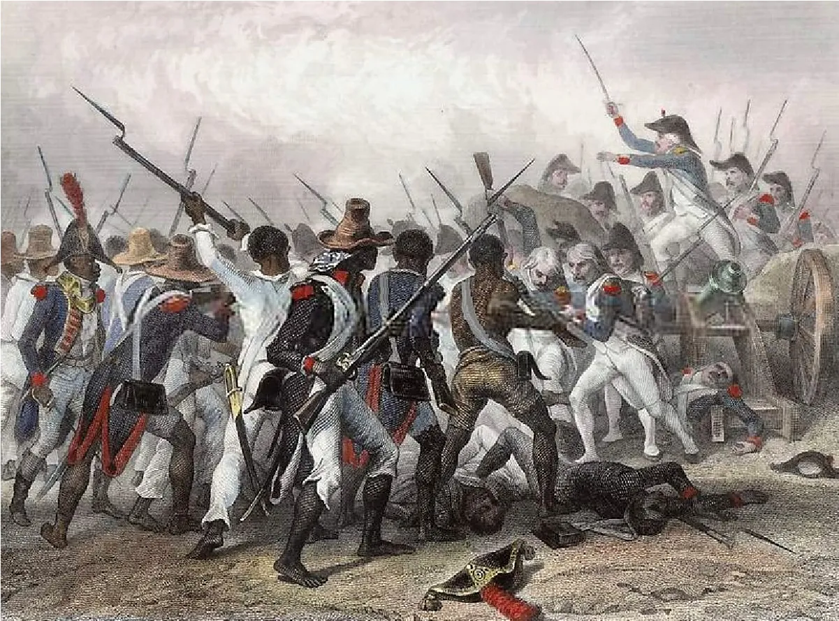 Two groups of soldiers collide. One group is made up of black men who are barefooted and wear a diverse collection of uniforms. The other group is made up of white men who wear shoes and the same style of uniform. One of these soldiers stands on a cannon. Several men lay on the ground nearby and appear dead.