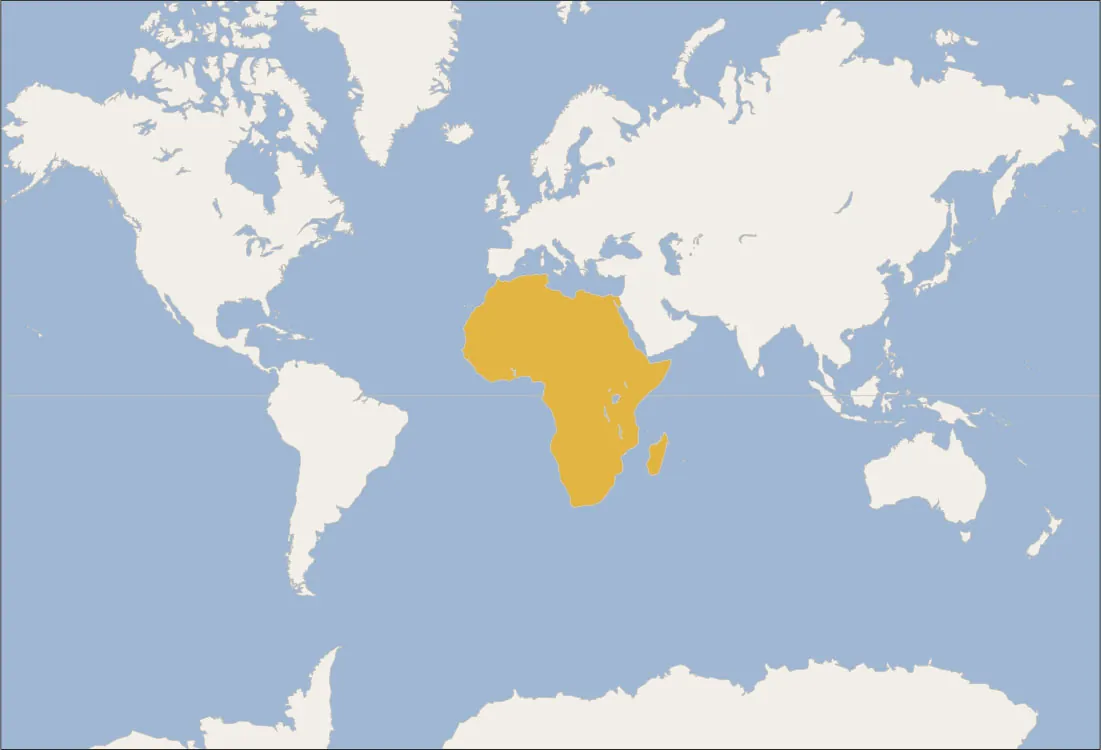 A map of the world is shown, land highlighted in white and water in blue. A white line runs through the middle of the map. The continent of Africa is highlighted yellow along with the country of Madagascar to its southeast.