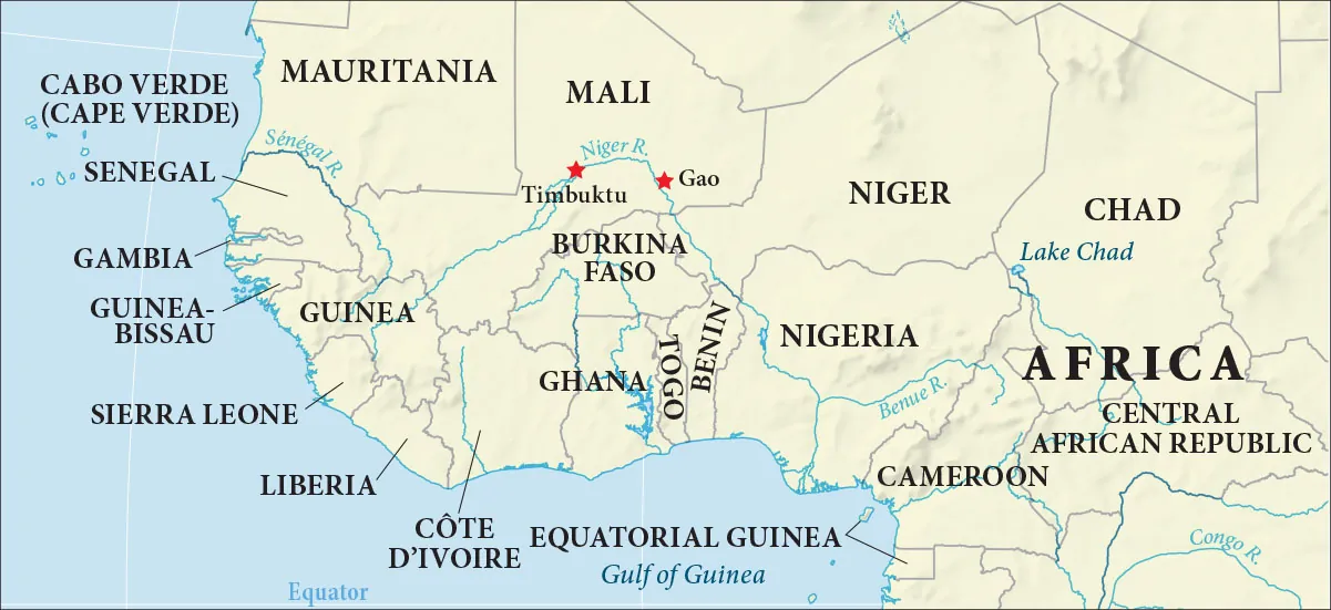 A map is shown with water highlighted blue and land highlighted beige. The Mediterranean Sea is located to the northeast, the Strait of Gibraltar is located in the northwest, and the Gulf of Guinea is labelled in the south. Lake Chad, the Niger R., the Senegal R., the Benue R, and the Congo R. are labelled in Africa. The following countries are labelled in Africa, from north to south: Tunisia, Morocco, Algeria, Libya, Western Sahara (Morocco), Mauritania, Mali, Cabo Verde (Cape Verde), Senegal, Niger, Chad, Gambia, Guinea-Bissau, Guinea, Burkina Faso, Sierra Leone, Liberia, Cote D’Ivoire, Ghana, Togo, Benin,  Nigeria, Central Africa Republic, Cameroon, and Equatorial Guinea. The cities of Timbuktu and Gao are labelled with red stars on the Niger R. in Mali.