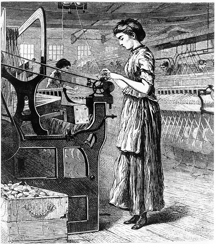 A portrait of two women processing and weaving wool into cloth in a factory.
