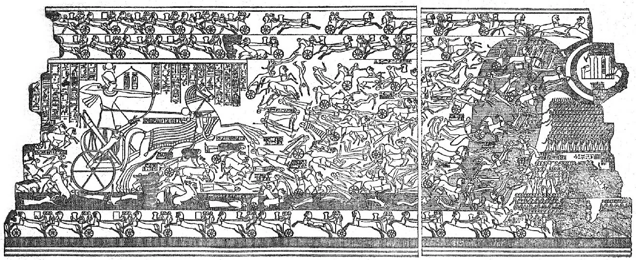 A black and white image of an irregularly sized engraving is shown. A white break in the drawing is seen at the right, about two thirds of the way from the left. A battle is depicted in the drawing in four rows. Along the top two thin rows chariots with riders being pulled by horses are seen going in both directions. The horses have their front legs in the air and their back legs on the ground. At the right side in the second row there is a dark background and some people are shown standing by the horses in a chariot. The third row is large and shows hieroglyphics along the top left and a large drawing of a soldier holding a bow and arrow and riding in a chariot pulled by a horse wearing a high decorative headdress and cloths below. The rest of the row shows figures, horses, and chariots in all directions riding, falling, laying on the ground, and standing. The right end of the row has a dark background and continues with the various poses and then ends with rows and rows of small figures drawn all standing in neat and orderly rows. The last row repeats the chariots, horses, and figures from the first two rows, but they are all facing left. The row ends on the right with a dark background. The bottom of the drawing is striped lines and dark lines as decoration.