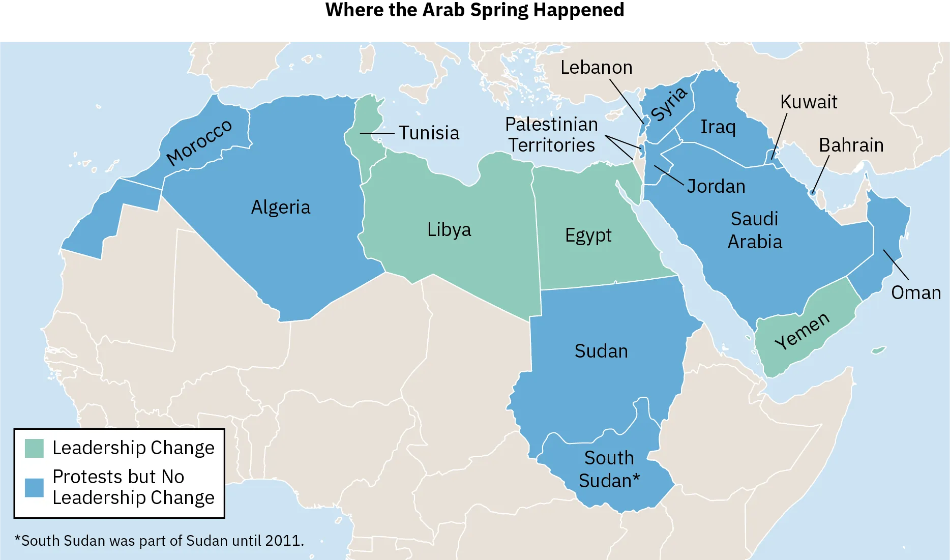 A map of the Middle East shows the area where the Arab Spring occurred. Tunisia, Libya, Egypt, and Yemen recorded a change in leadership, while other countries in the region recorded protests only.