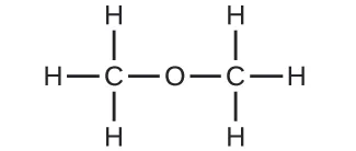 Se muestra una estructura de Lewis. Un átomo de oxígeno está enlazado a dos átomos de carbono. Cada átomo de carbono está enlazado a tres átomos de hidrógeno diferentes. Hay un total de dos átomos de carbono, seis de hidrógeno y uno de oxígeno.