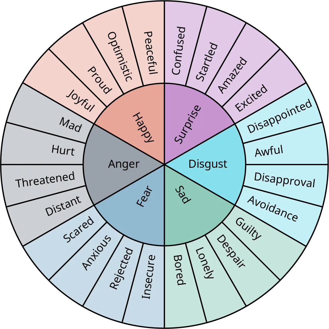 A large circle with a smaller interior circle represents the emotion wheel. The inner circle is divided into the 5 basic colors to represent the emotions of fear, anger, surprise, happy, disgust, and sad. The outer circle is divided into 20 smaller sections that are color-aligned with the inner circle to show how emotions are related. Fear is related to scared, anxious, rejected, unsure. Anger is related to mad, hurt, threatened, and distant. Happy is related to joyful, proud, optimistic, and peaceful. Disgust is related to disappointed, awful, disapproval, avoidance. Sad is related to guilty, despair, lonely and bored.