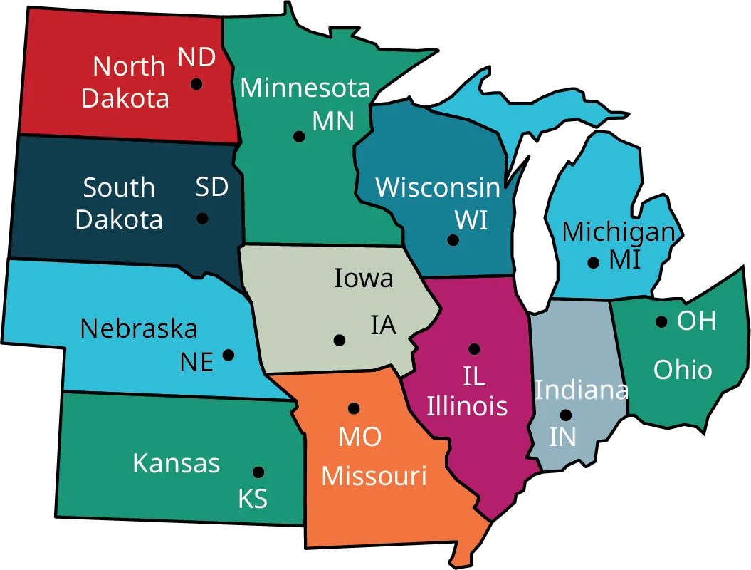 A partial map of the USA with the midwestern states. The Midwestern states are North Dakota (N D), South Dakota (S D), Nebraska (N E), Kansas (K S), Minnesota (M N), Iowa (I A), Missouri (M O), Wisconsin (W I), Illinois (I L), Indiana (I N), Michigan (M I), and Ohio (O H).
