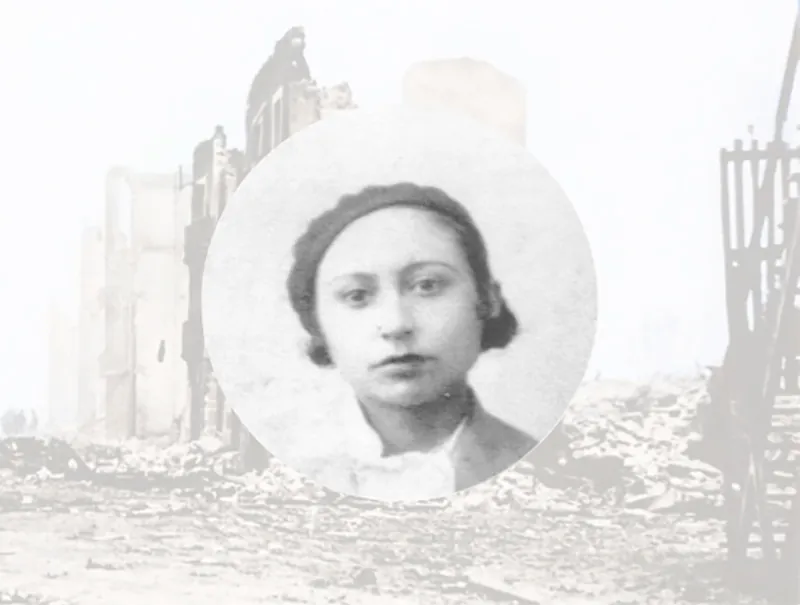 A headshot of Lucia Sanchez Saornil is placed over a photograph of a building that was destroyed by a bomb. The building shell is visible on the sides of the photograph, and rubble from the building is visible below the photograph.