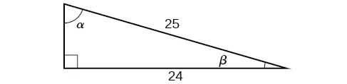 Image of a right triangle. The base is 24, the height is unknown, and the hypotenuse is 25. The angle opposite the base is labeled alpha, and the remaining acute angle is labeled beta.