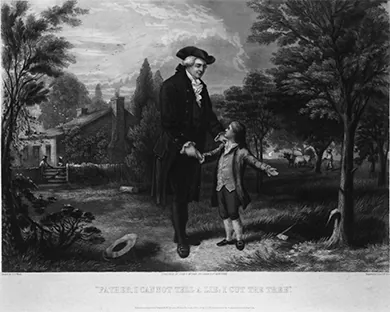 A painting depicts George Washington as a child, pointing out to his father a cherry tree with damaged bark. A hatchet lies on the ground. Washington’s father smiles and places his hand on Washington’s shoulder.
