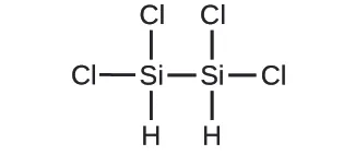 La figura C muestra un diagrama estructural de dos átomos de silicio unidos con un enlace simple. Cada uno de los átomos de silicio forma enlaces simples con dos átomos de cloro cada uno y un átomo de hidrógeno.