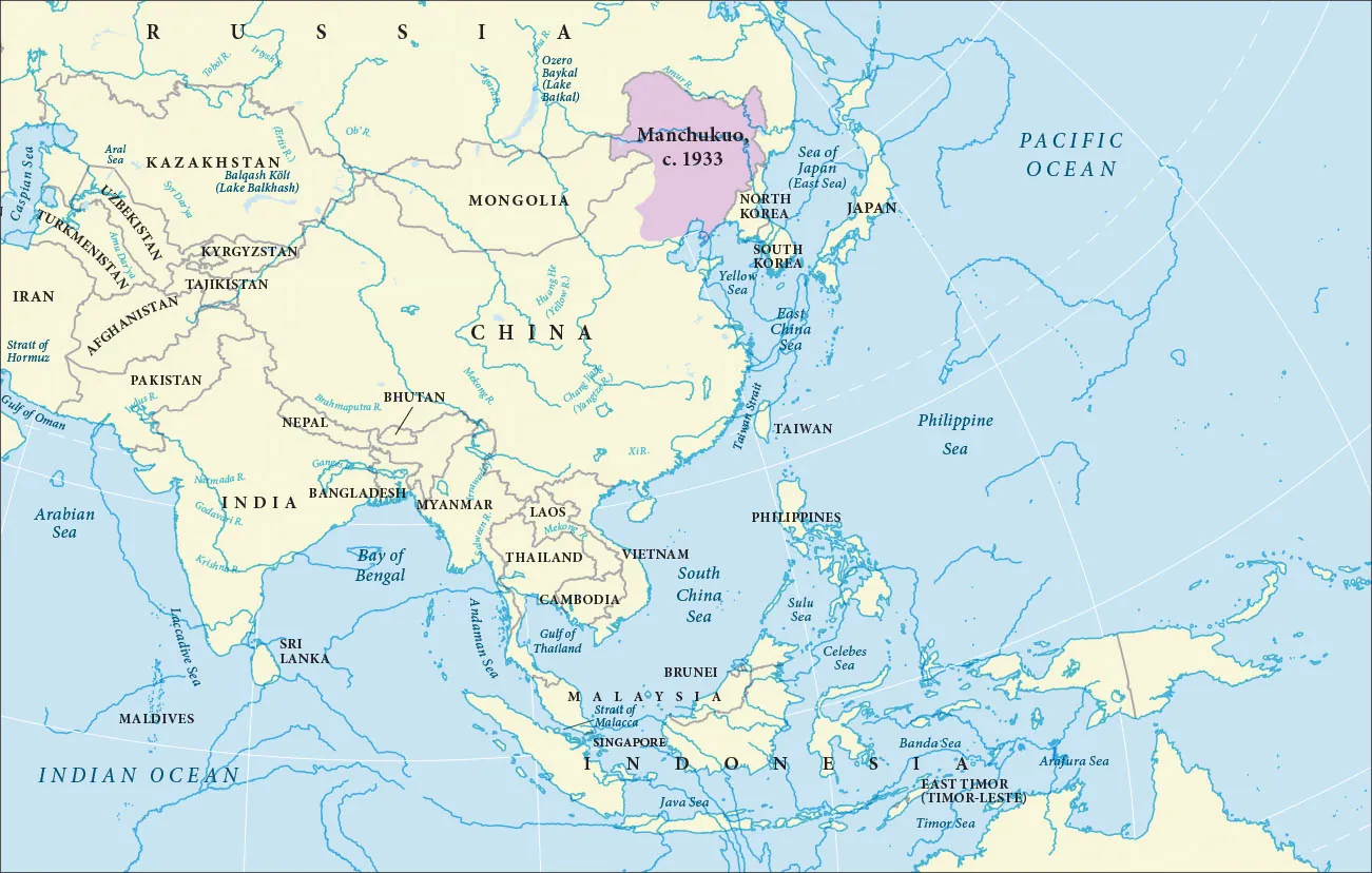 This map shows Asia and the Pacific region. Manchukuo is highlighted and borders Russia, Mongolia, China, and North Korea.