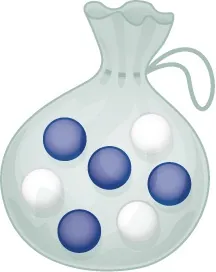 Drawing of a transparent drawstring bag containing four blue marbles and three white marbles.
