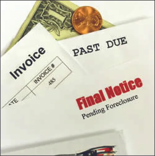 An image shows a dollar bill, a penny, and a stack of bills, including a past due notice, an invoice, and a final notice of pending foreclosure.
