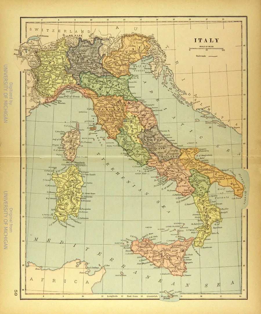 This map shows Italy bordering on the Mediterranean Sea to the southwest, the Adriatic Sea to the east, Austria to the northeast, Switzerland directly north, and France to the northwest. Italy is divided into sixteen smaller territories.
