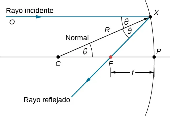 La figura muestra el diagrama de un espejo cóncavo. Un rayo incidente que parte del punto O incide en el espejo en el punto X. El rayo reflejado pasa por el punto F. Una recta CX biseca el ángulo formado por los rayos incidente y reflejado. Esta línea se denomina R. Una línea paralela al rayo incidente pasa por los puntos C y F y choca con el espejo en el punto P. La distancia entre los puntos F y P se denomina f. El ángulo OXC, el ángulo CXF y el ángulo XCF están marcados como theta.